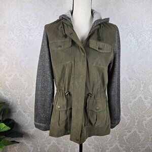 Jason Maxwell Size Small Olive Green Jacket Knit Sleeves & Hood Zip Front